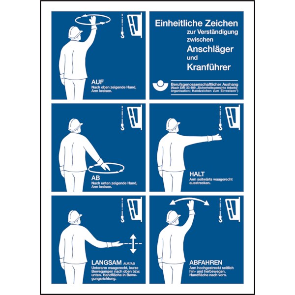 Aushang, Einheitliche Zeichen zur Verständigung zwischen Anschläger und Kranführer - DIN 33409 - 295x405x0.6 mm Aluminium 2 mm