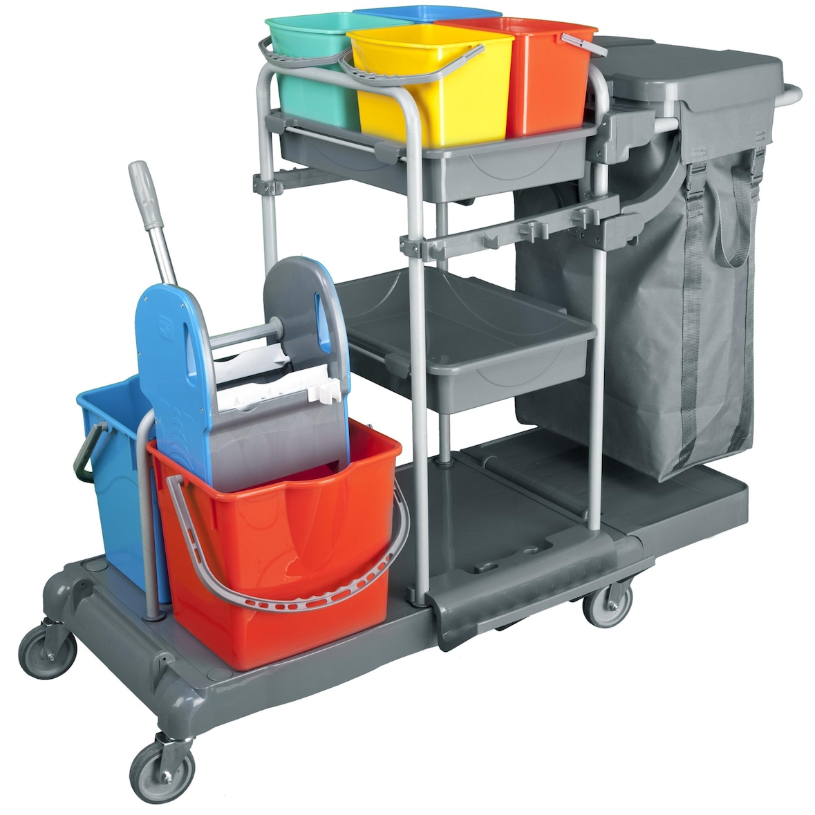 CleanSV Deluxe Profi PE Reinigungswagen Servicewagen, mit Moppresse, 2 x 17 Liter Eimern, 4 x 5 Liter Eimer, 3 Ablagen, Müllsackhalter