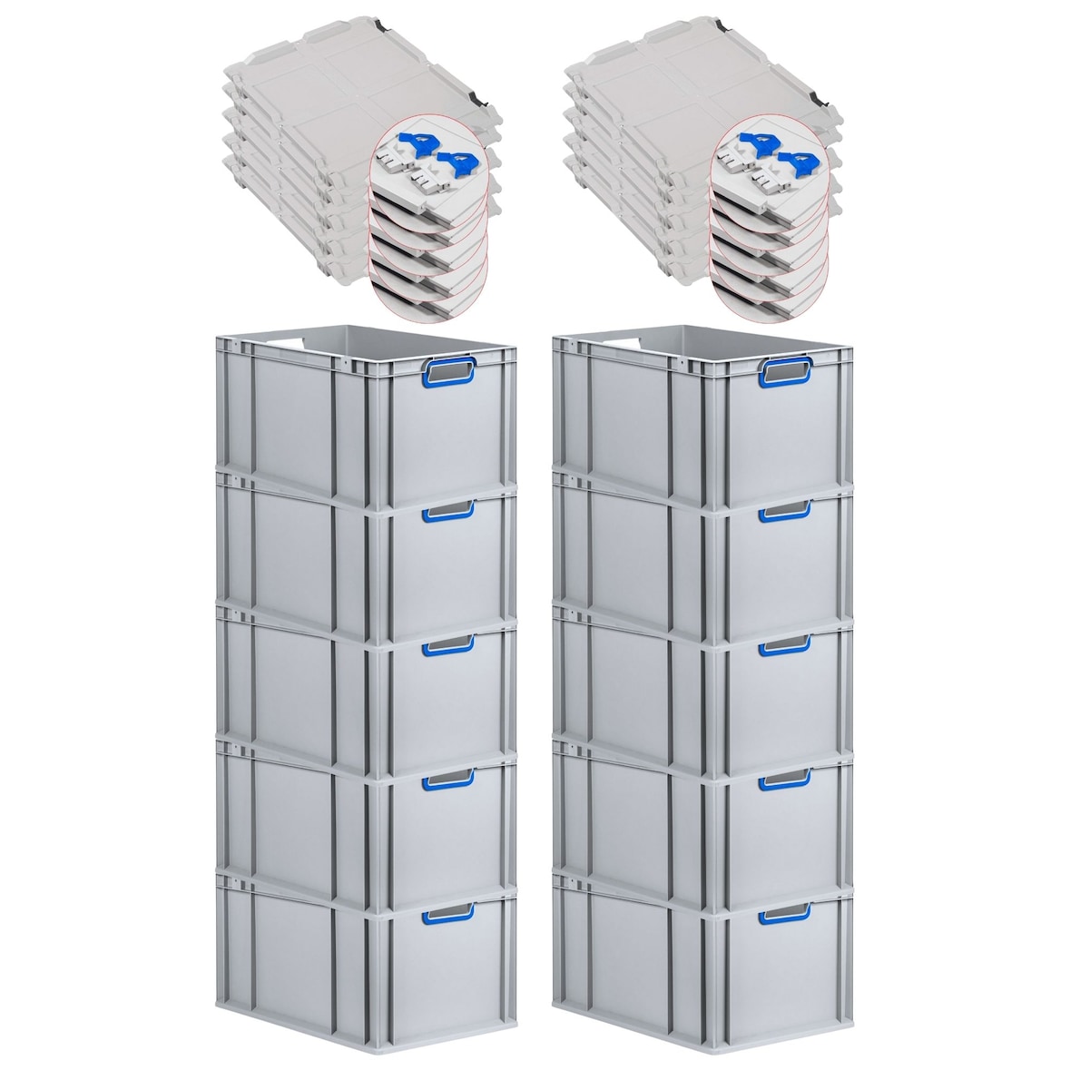 PROREGAL 10x Eurobox NextGen Color mit Scharnierdeckel & Verschlüssen | HxBxT 32x40x60cm | 65 Liter | Griffe blau offen | Verstärkter Boden