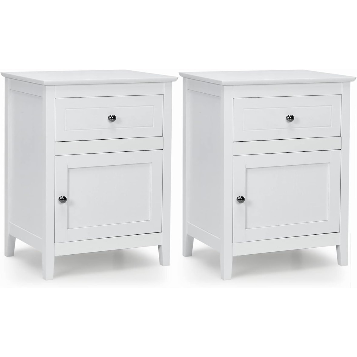 COSTWAY Kiefernholz-Nachttisch, 2er-Set Nachttische mit Schublade und Tür, 2-stöckiger Beistelltisch, Beistelltisch mit geräumiger Tischplatte