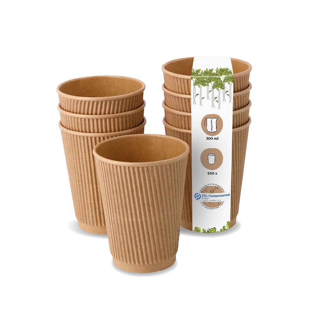 BIOZOYG 500 Stück Riffelbecher 300 ml / 12 oz Kaffee To Go Pappbecher, ungebleicht braun, Einwegbecher, Nachhaltig, Biologisch Abbaubar, Einwegbecher