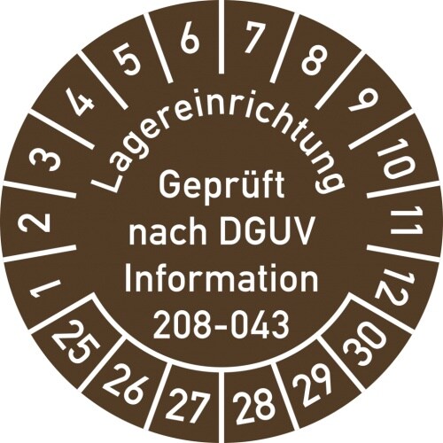 Dreifke® Prüfplakette Lagereinr. DGUV-208-043...2025-2030, Dokumentenf.,Ø 30mm,10 Stück/Bogen