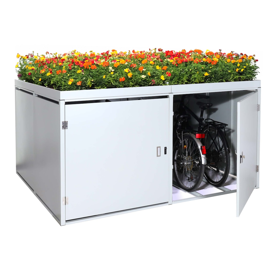 PROREGAL 4er-Fahrradgarage mit Pflanzkasten | HxBxT 126x220x210cm | abschließbar verzinkter Stahl | Hellgrau | Fahrradbox