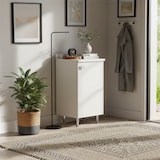 thumbnail of Weißer Schrank mit Aufsatz, Metallfüßen und verstellbarem Fach, vormontiert für Bad, Waschküche, Küche und Flur.