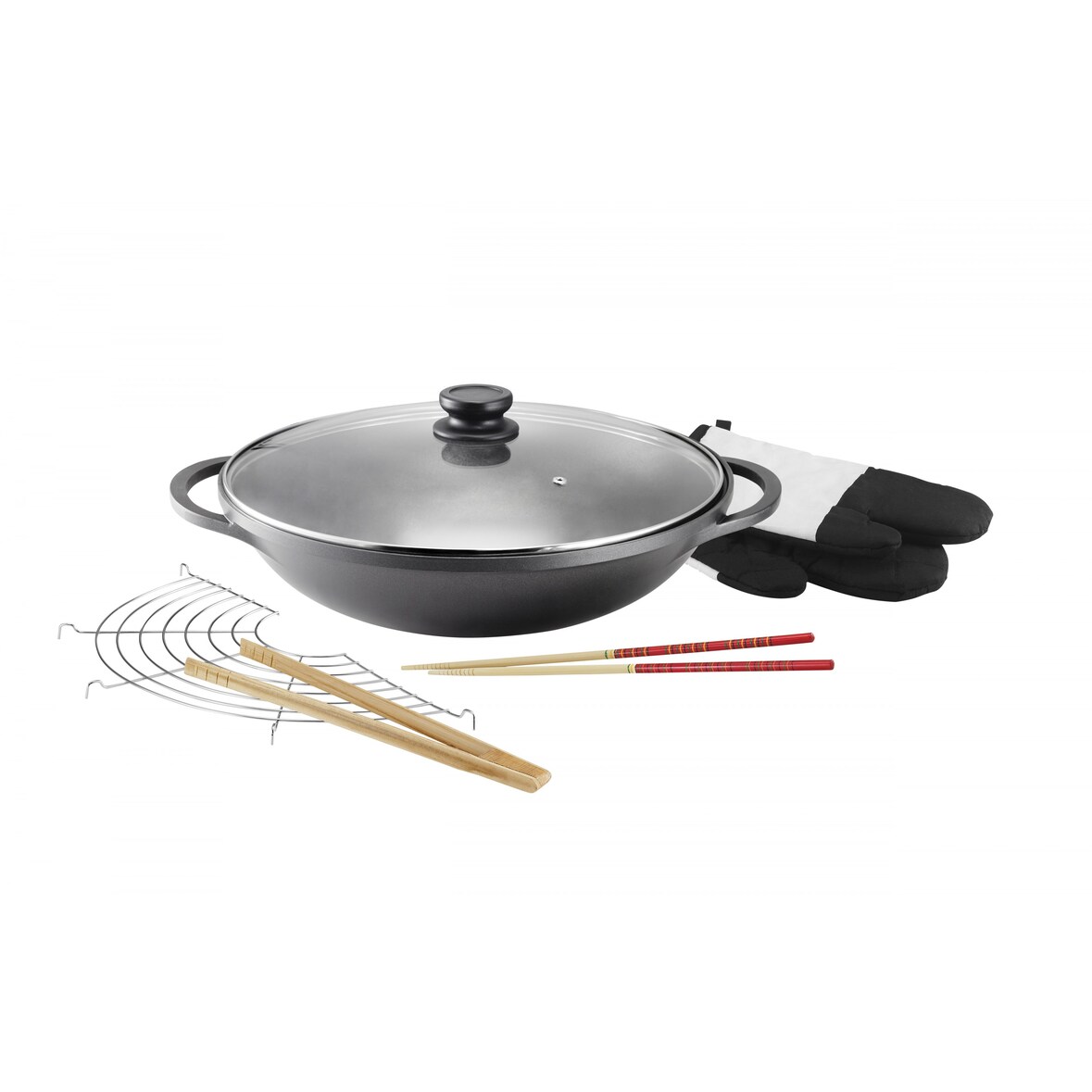 Kopf Wok Mai-Lu (Aluguss, Ø 36 cm, Induktion, ILAG Antihaftbeschichtung, inkl. Glasdeckel und Zubehör) schwarz