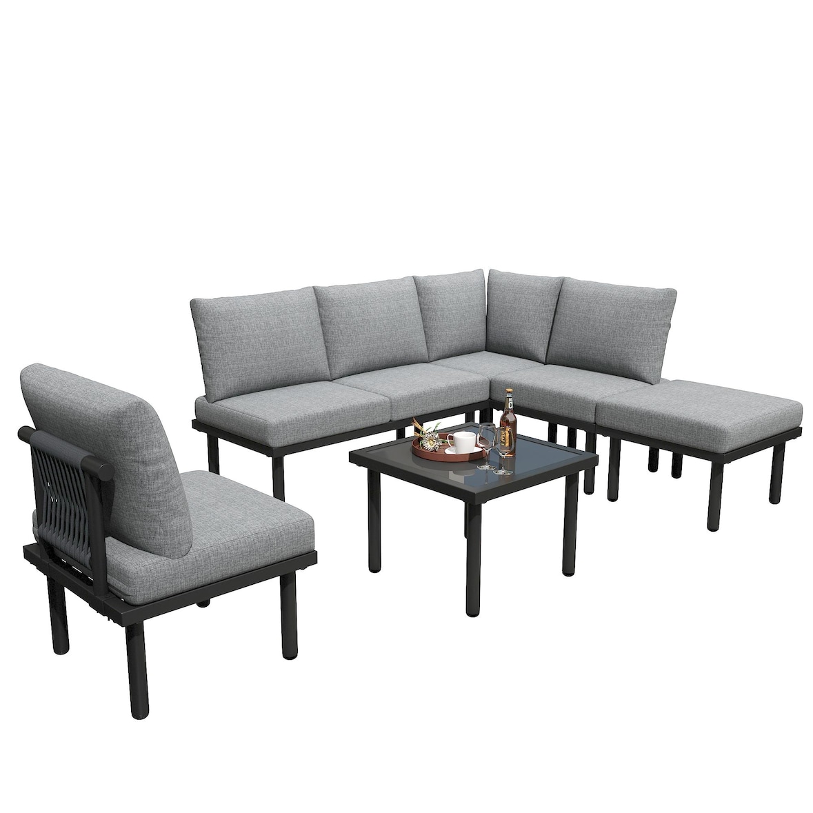 Merax Gartenlounge-Set, 6 Sitzer frei-kombinierbar Gartenmöbel aus Seil Tischplatte aus Glas, grau