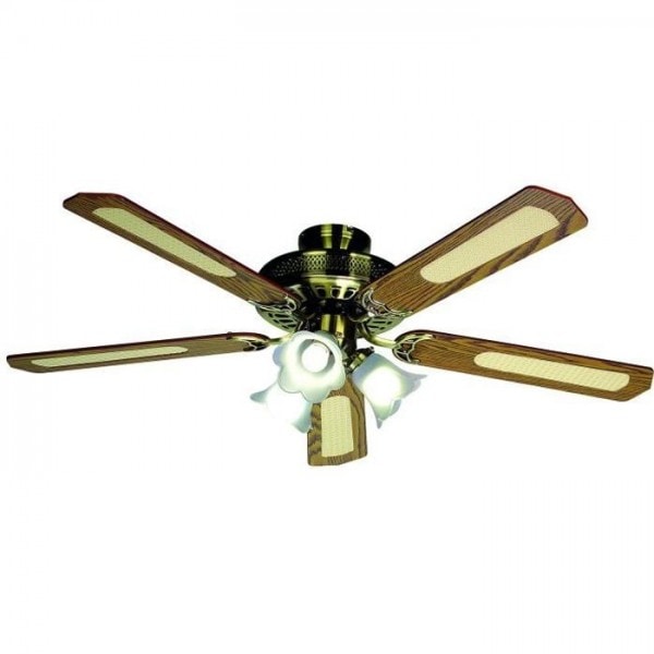 Ventilateur de Plafond - Plafonnier  réversible FARELEK BALEARES - Ø 132 cm, 5 pales noyer / cannées + éclairage 3 tulipes 60 W E27 usage non-intensif