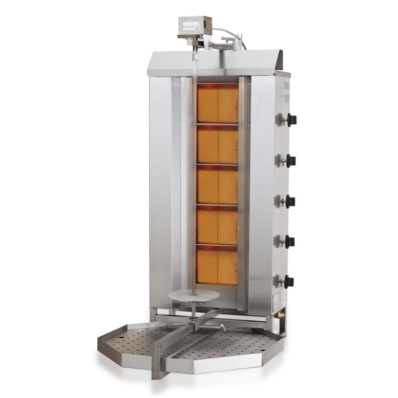 Gasgestookte gyrosgrill, motor bovenin, 5 verwarmingszones