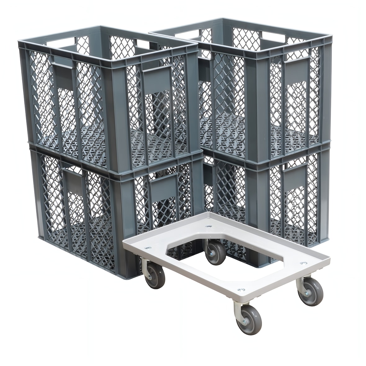 4 Stück Bäckerkisten 600 x 400 x 410 mm + 1 Transportroller in Grau