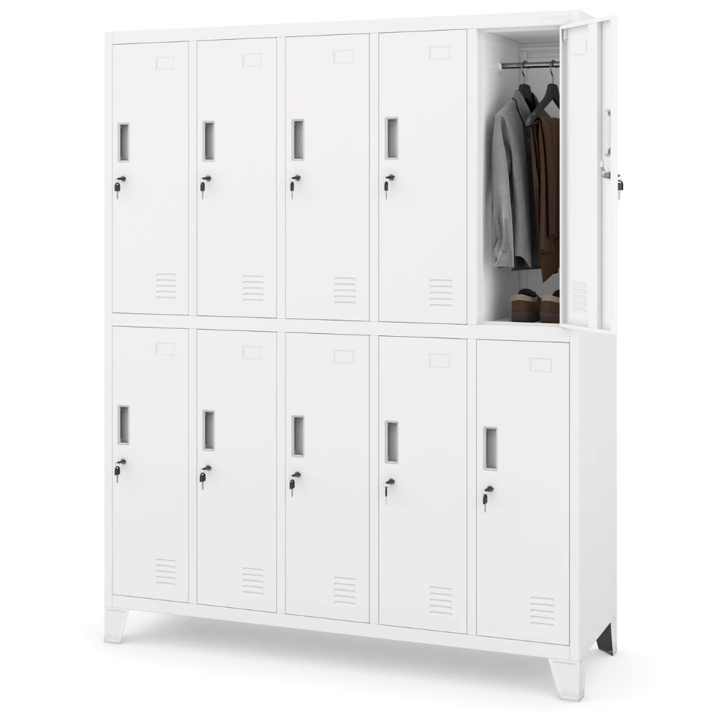 Umkleideschrank Spind BERLIN - 10 Abteile, Etikettenhalter Lüftungsschlitze | Umkleidespind Schließfachschrank Garderobenspind, 172x136x45cm Weiß