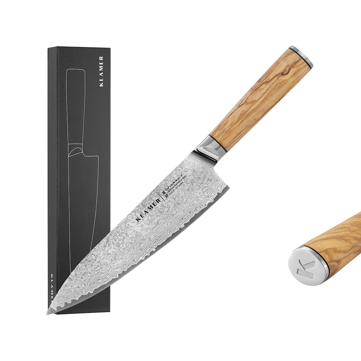 KLAMER Damast Chefmesser 20cm Olive, extra scharfes Küchenmesser, echter japanischer Damaststahl, Fleischmesser