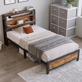 thumbnail of Merax Metallbett Einzelbett 90 x 200 cm mit Stauraum-Kopfteil, Metall Bettgestell Bettrahmen Für Erwachsene, Schwarz Industrielles Bett