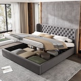 thumbnail of Chesterfield-Style Samt Polsterbett 180x200 mit Hydraulik-Bettkasten, hohem Kopfteil, Veloursstoff inkl, Lattenrost Grau