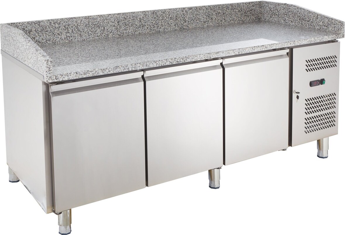 GastroHero Pizzakühltisch 2020x800 mm Granitplatte 3 Türen Edelstahl Umluftkühlung -2 bis +8 °C 580 Liter Pizzatisch