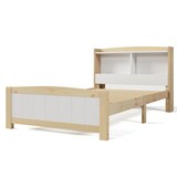 thumbnail of Stauraumbett 90x200 cm mit integriertem Bücherregal Taschenfederkernmatratze Holz Konstruktion niedriger Fußteil modernes Design Grau Weiß