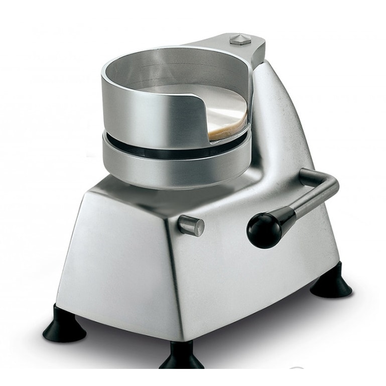Máquina de moldar hambúrgueres com cabeça dupla incluída (13 e 10 cm) para serviços alimentares.