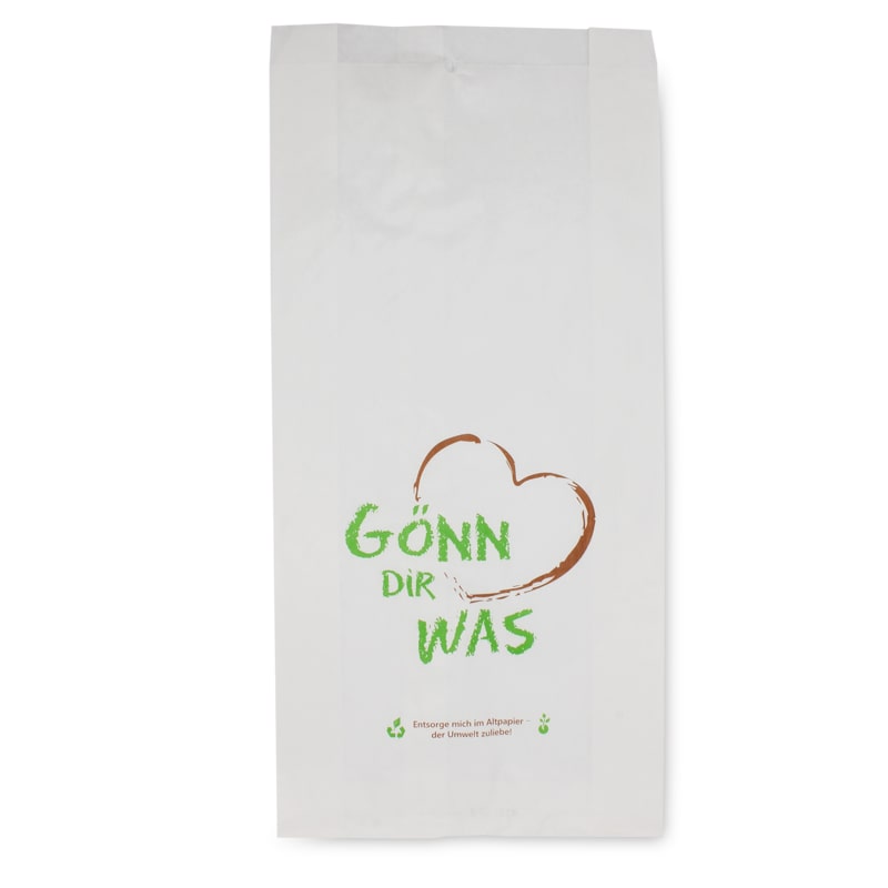 1000 Bäckerfaltenbeutel Brötchentüten Papier 12+5x25cm "Gönn dir was" weiß