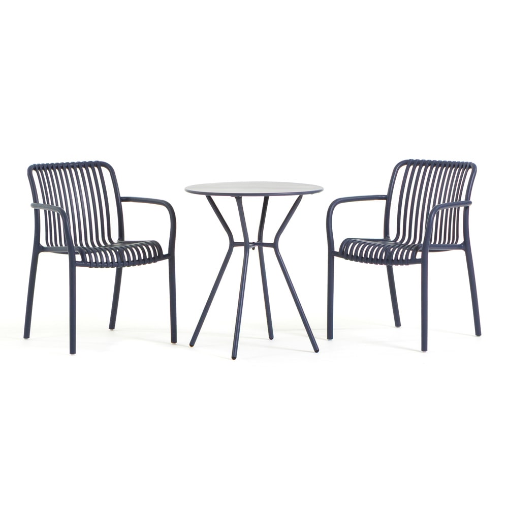 Set balcon avec table ronde en métal, 2 chaises en polypropylène avec accoudoirs empilables, gain de place pour jardin - Nathan+Simona/Avio