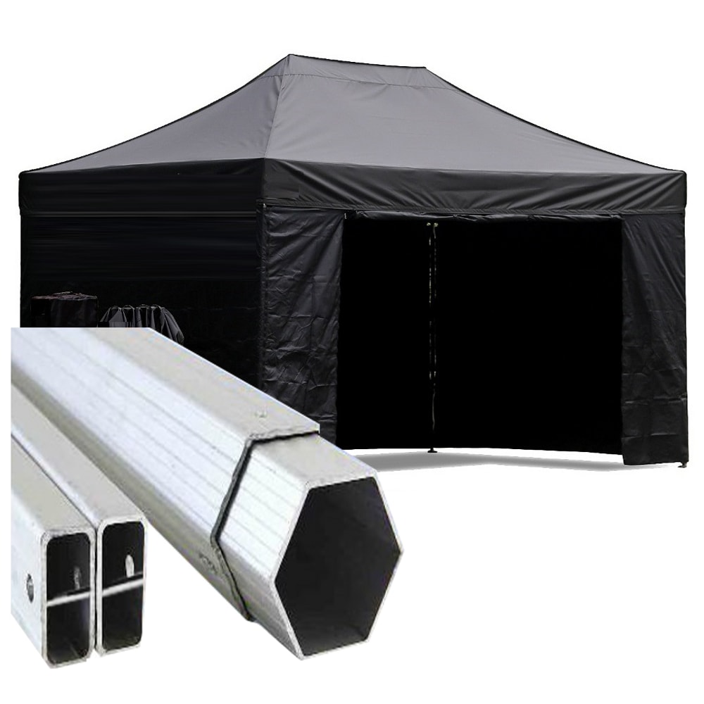 Gazebo 3x4,5 m nero pieghevole alluminio piantone esagonale 45mm con laterali