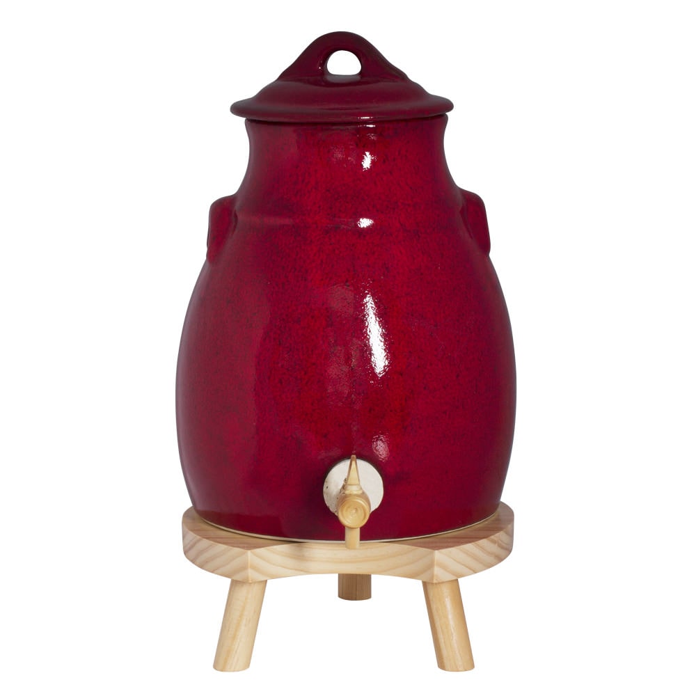 Vinaigrier 3,5 l en   rouge sur socle bois 350.00 cl Rond Grès Table Passion 18.00x18.00 cm