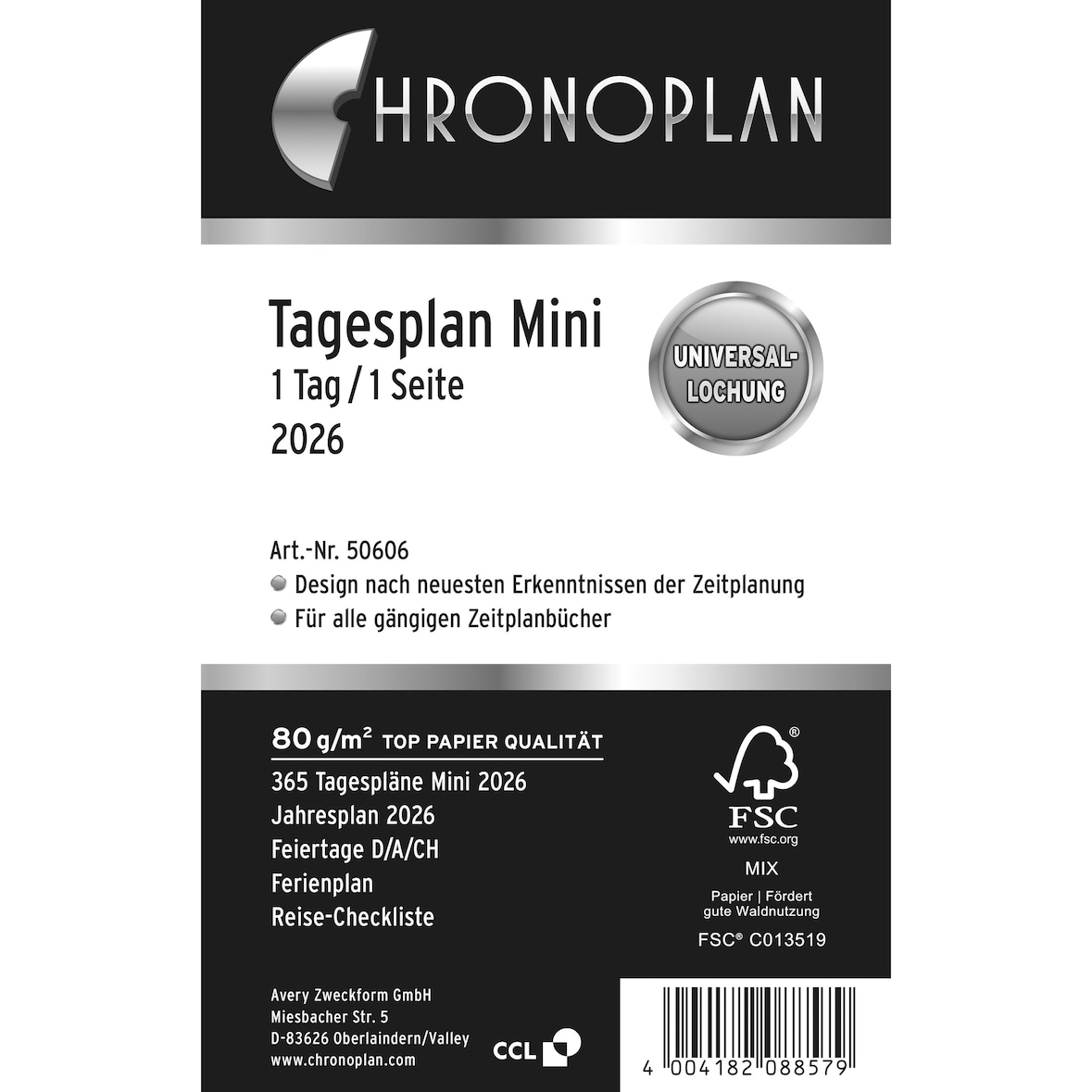 Chronoplan 50606 Tagesplan, Mini, 2026, Weiß, 79 x 125 mm, Inhalt: 191 Blätter / 1 Stück
