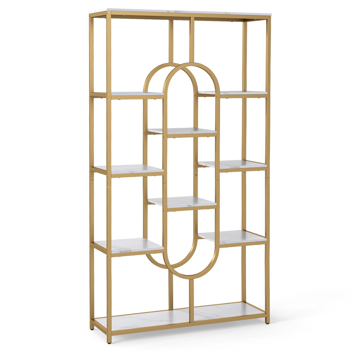 COSTWAY Libreria a 5 ripiani, scaffale aperto indipendente, espositore con struttura in metallo(bianco e oro, ovale)