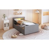thumbnail of Polsterbett 90x200 mit LED-Licht und Stauraum, Hellgrau, hydraulischer Bettkasten, Lattenrost inklusive – modernes Kinderbett