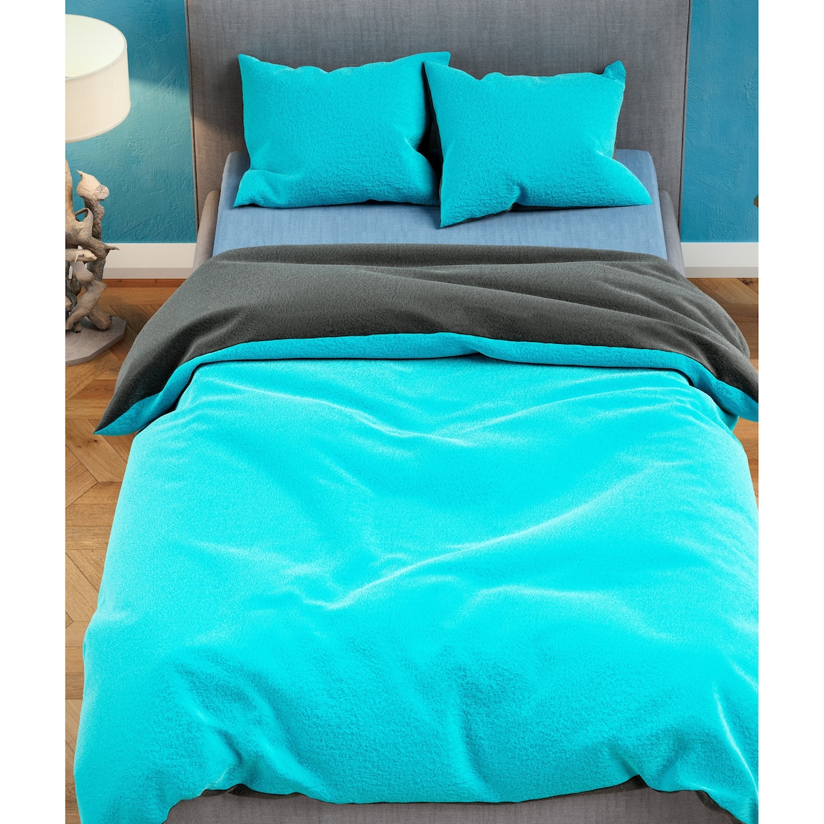 Teddyplüsch Winter Bettwäsche 200x200 Petrol Türkis Grau 3 teilig flauschig warm