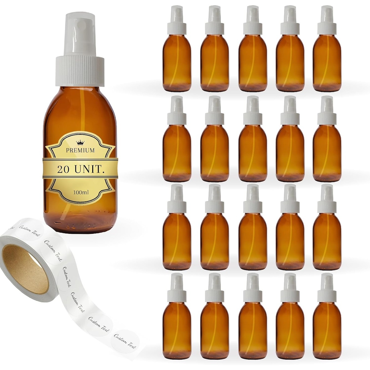 20x Frascos Spray em Vidro Âmbar de 100 ml com Tampa Vaporizadora + 20 Etiquetas Personalizadas – Óleos Essenciais e Cosméticos