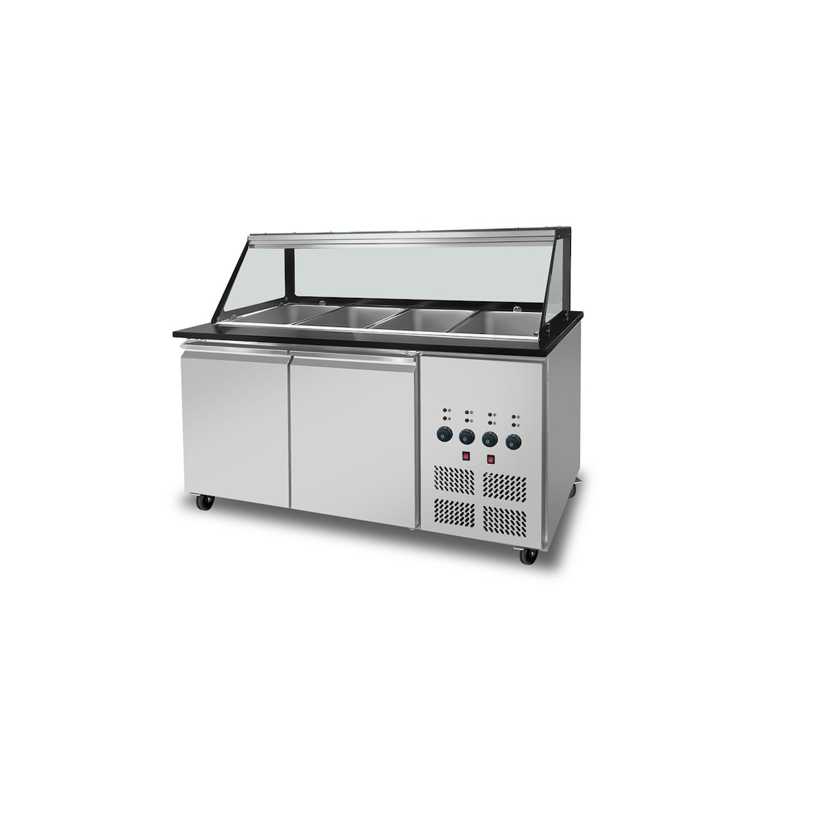 Skyrainbow SNACK-Line bain-marie toonbank 4xGN1/1,graniet Star Galaxy zwart, 153x82x85,5 glazen bovenbouw helder glas zwarte rand,zonder schap,H=396mm
