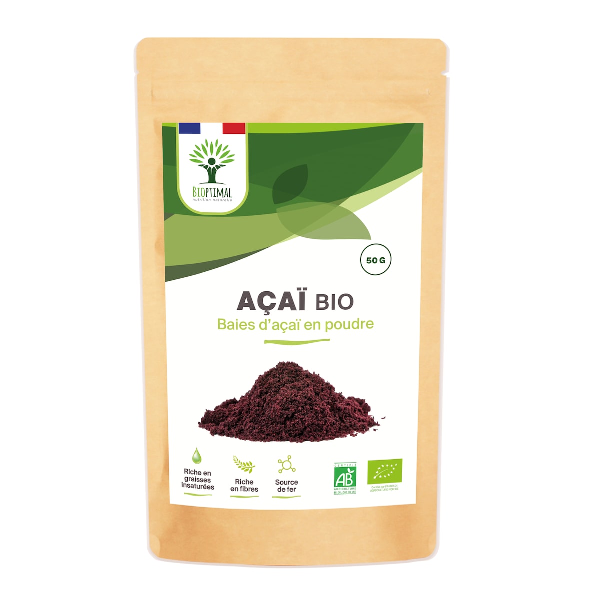 Açaï Bio en Poudre - Fer Oméga 3 - Baies Lyophilisées de Qualité Premium - Sans Sucre Ajouté - Conditionné en France - Certifié Ecocert - Sachet 50g