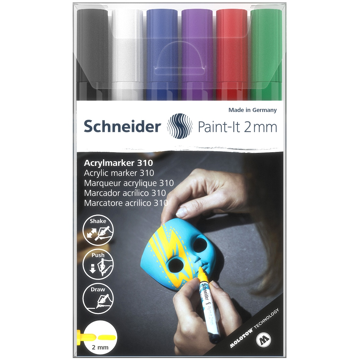 SCHNEIDER Jewelbox 6x Paint IT 310 2 mm schwarz, weiß, blau, violett, rot, grün