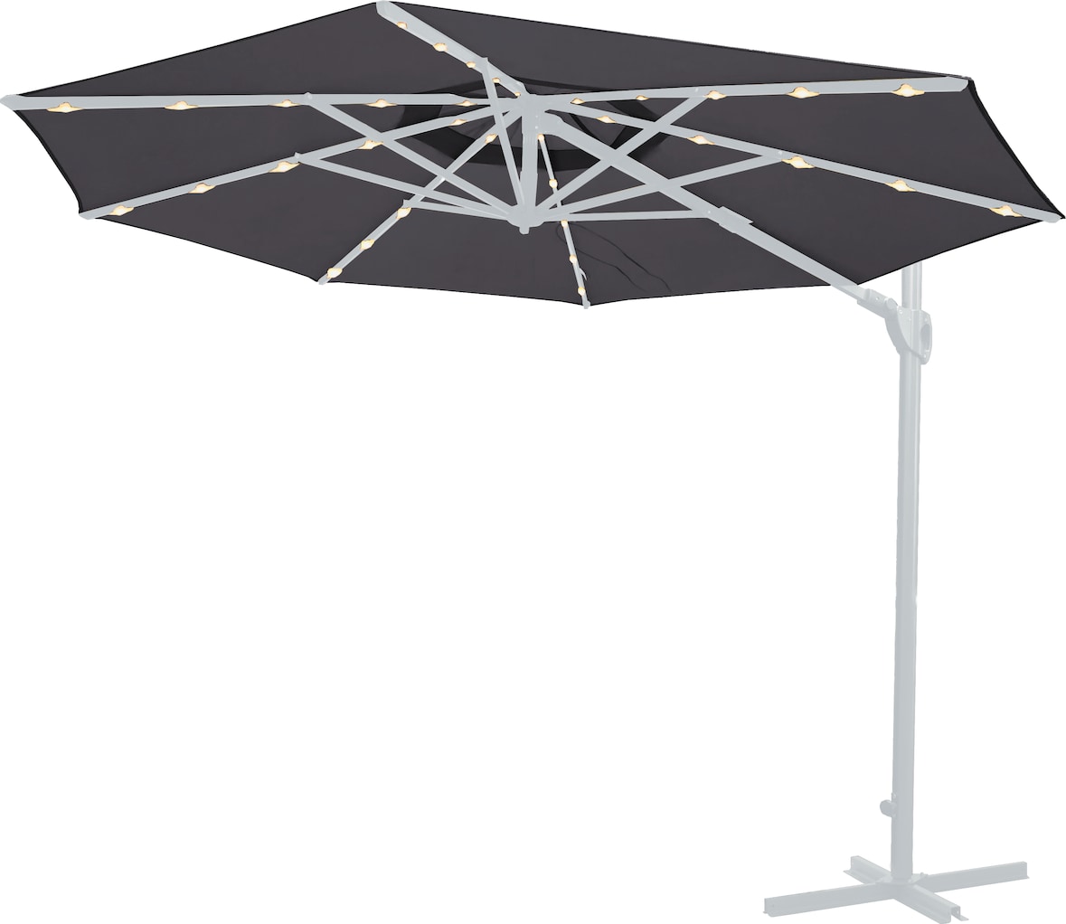 METRO Professional Zweefparasol, aluminium / staal / polyester, Ø 2,5 x 2,44 m, met LED-verlichting en zonnepaneel, antraciet / platina
