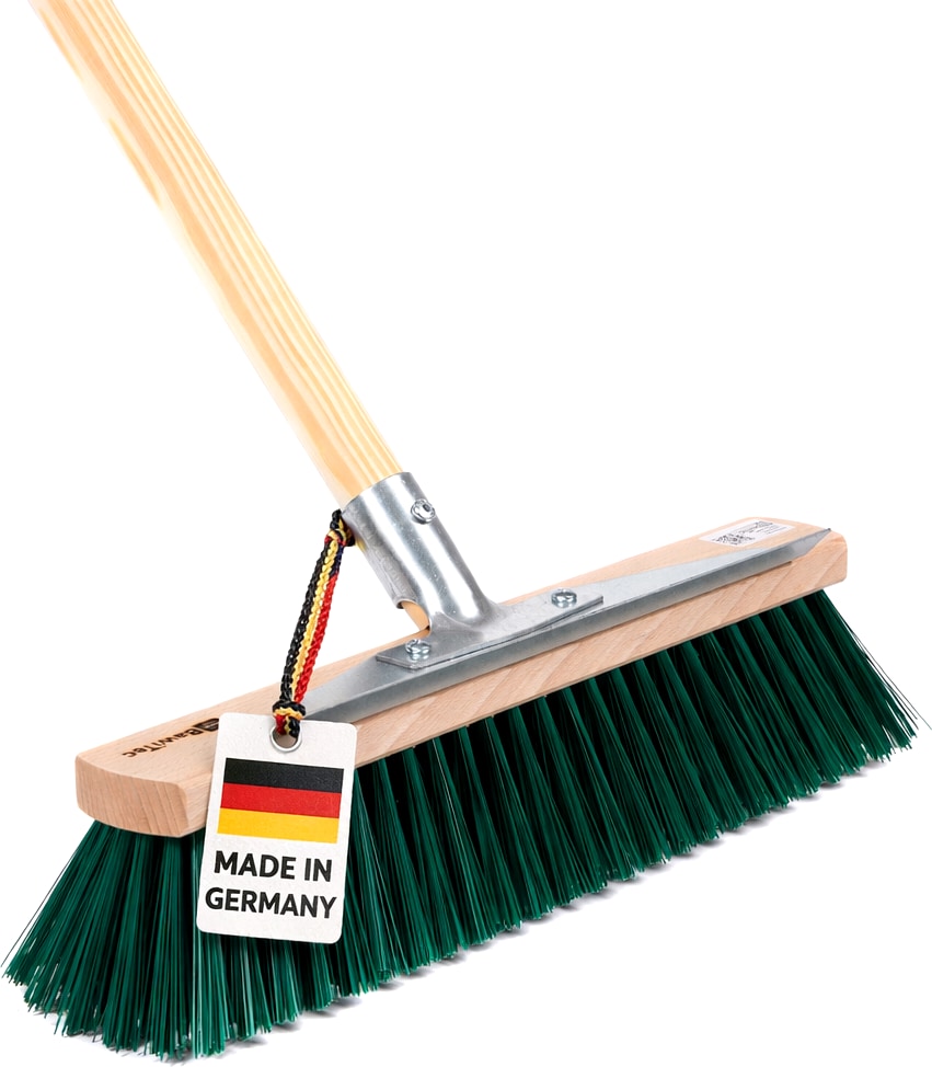 Hochwertiger Gartenbesen 40cm Breit mit Metall-Kratzleiste und Geräte-Holzstiel 160cm Lang grüne Borsten Straßenbesen Besen für Garten draussen
