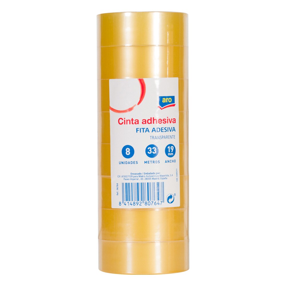 Torre 8 rollos de Cinta Adhesiva 19mmx33m Transparente aro