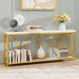 thumbnail of COSTWAY 180 cm Konsolentisch, Flurtisch, schmal, Marmoroptik, Sofatisch mit geometrischem Metallgestell, Beistelltisch, Gold + Weiß
