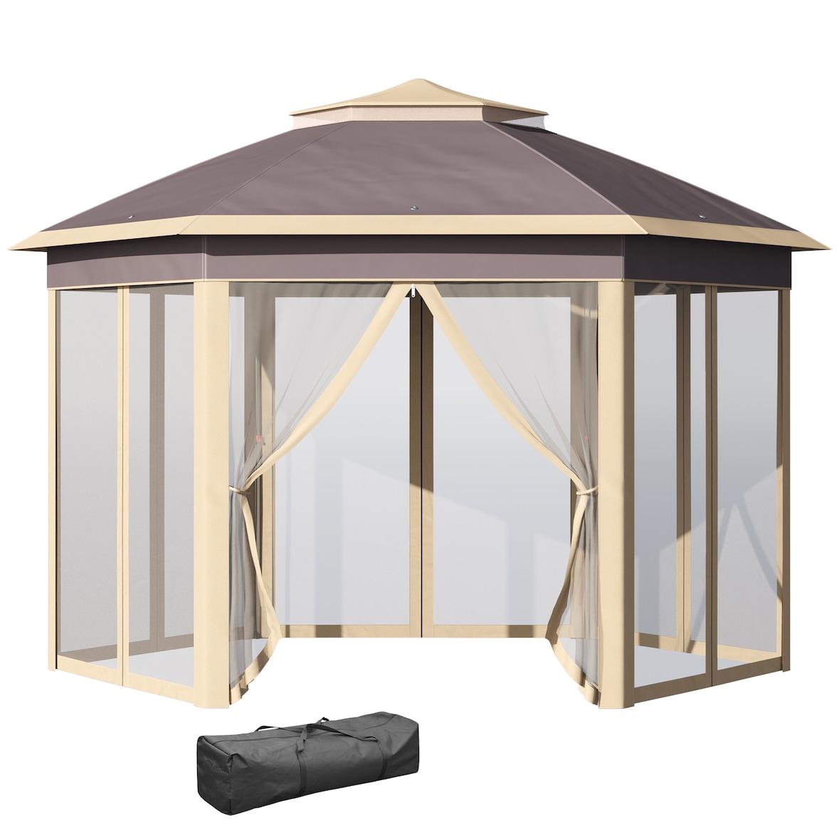 Outsunny Pérgola Dobrável 4,05x3,4x2,85 m Pérgola de Jardim Hexagonal com 6 Mosquiteiras Amovíveis e Altura Ajustável Bege