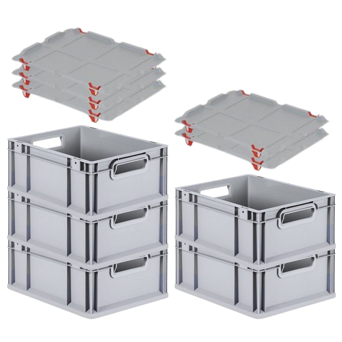 PROREGAL SparSet 5x Eurobox NextGen Grip mit Auflagedeckel & 4 roten Verschlüssen, HxBxT 17x30x40cm, 16L, Grau, Griffe offen, Eurobehälter