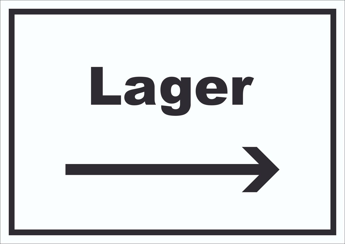 Lager Schild mit Text und Richtungspfeil rechts Storage Warenlager waagerecht A0 Rückseite selbstklebend