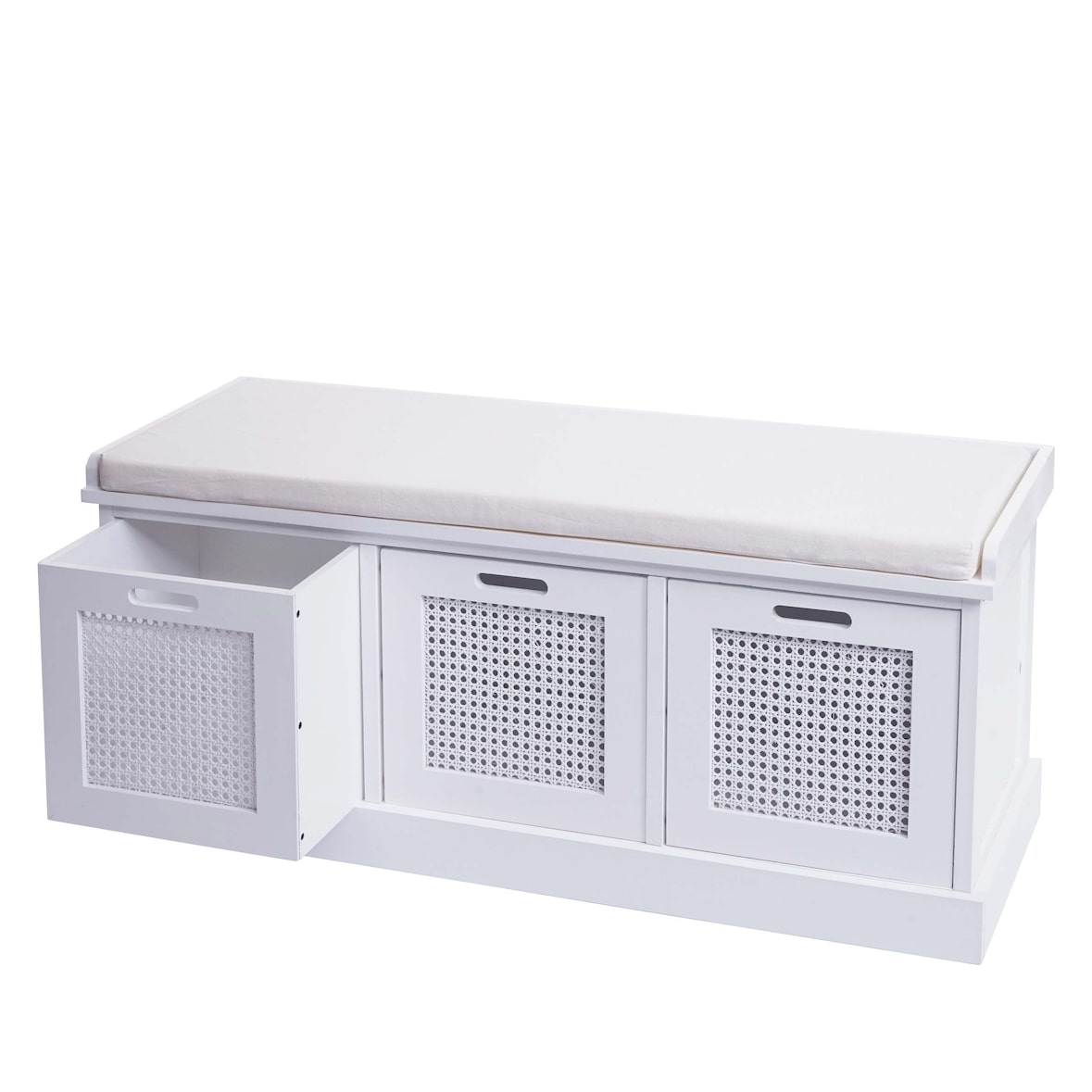 Décoshop26 - Banco de madera de paulownia blanca y MDF con cojín blanco y cajas de almacenaje 47x110x40cm BAN04052