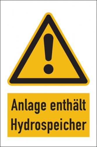 Warnschild Kombischild Anlage enthält Hydrospeicher - 100x150 mm Folie selbstklebend