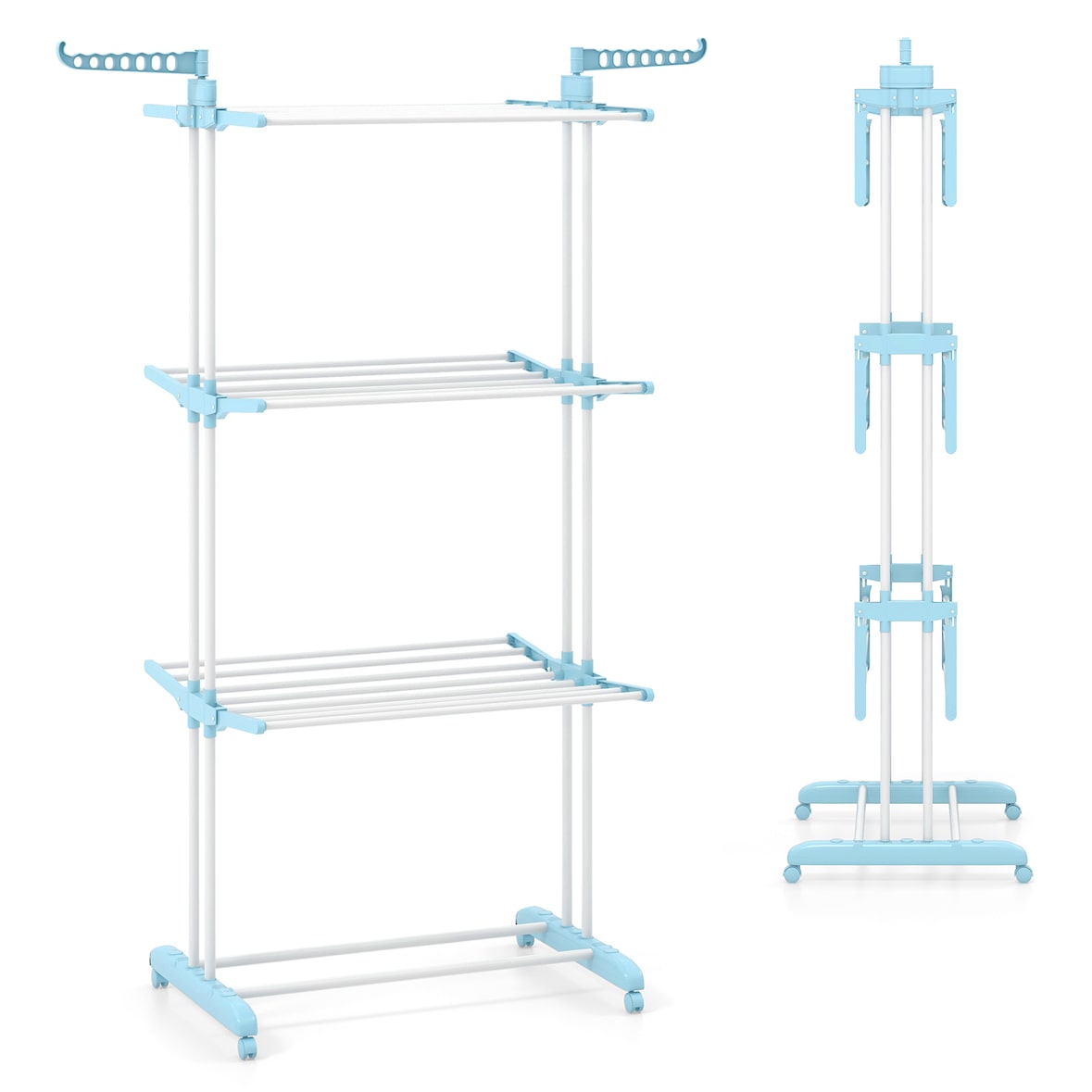 COSTWAY Tendedero de ropa de 4 niveles con ruedas, tendedero plegable con 2 alas laterales giratorias, azul claro