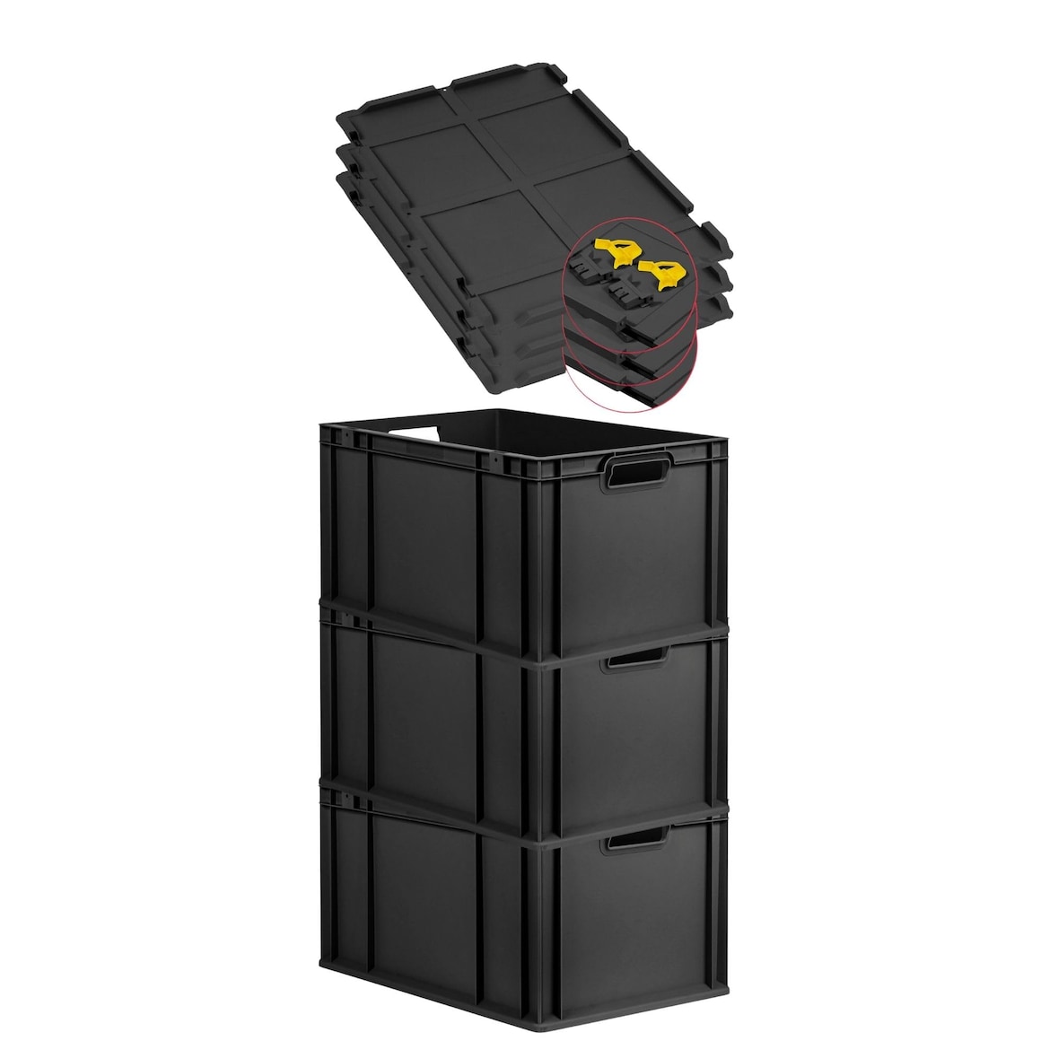PROREGAL SuperSparSet 3x Eurobox NextGen Grip mit Scharnierdeckel & gelben Verschlüssen, HxBxT 32x40x60cm, 65L, Schwarz, Griffe offen, Eurobehälter