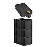 thumbnail of PROREGAL SuperSparSet 3x Eurobox NextGen Grip mit Scharnierdeckel & gelben Verschlüssen, HxBxT 32x40x60cm, 65L, Schwarz, Griffe offen, Eurobehälter