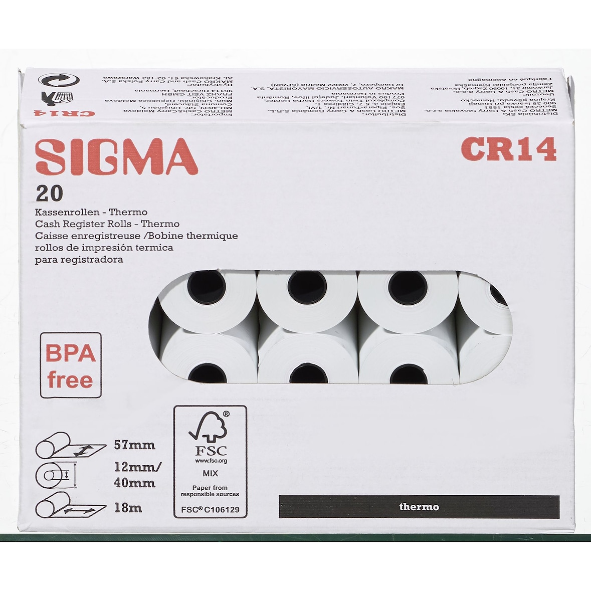 SIGMA Rouleaux de caisses thermiques CR14, 57 mm x 18 m, 20 unités