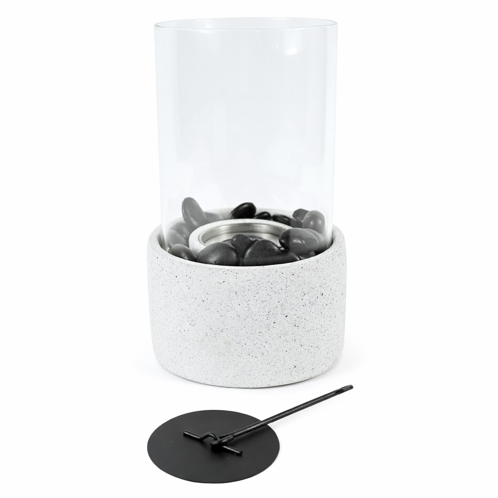 Bio-ethanol Tafelhaard met Glazen Cilinder – Inclusief Zwarte Decoratie Stenen & Doofplaat – 3,3 Kg - 16,5 x 16,5 x 34 cm