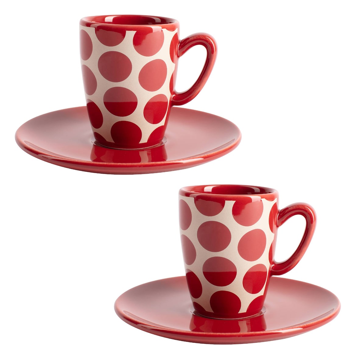 Set de Café de 4 Piezas: 2 Tazas de 75ml y 2 Platos de Color Sólido en Stoneware con Topos Rojos.