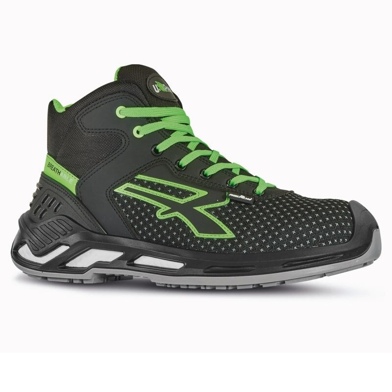 U-Power - Baskets de sécurité hautes anti abrasion avec renfort anti-shock HARRY - Usage général - ESD S3 CI SRC Noir / Vert Taille 37