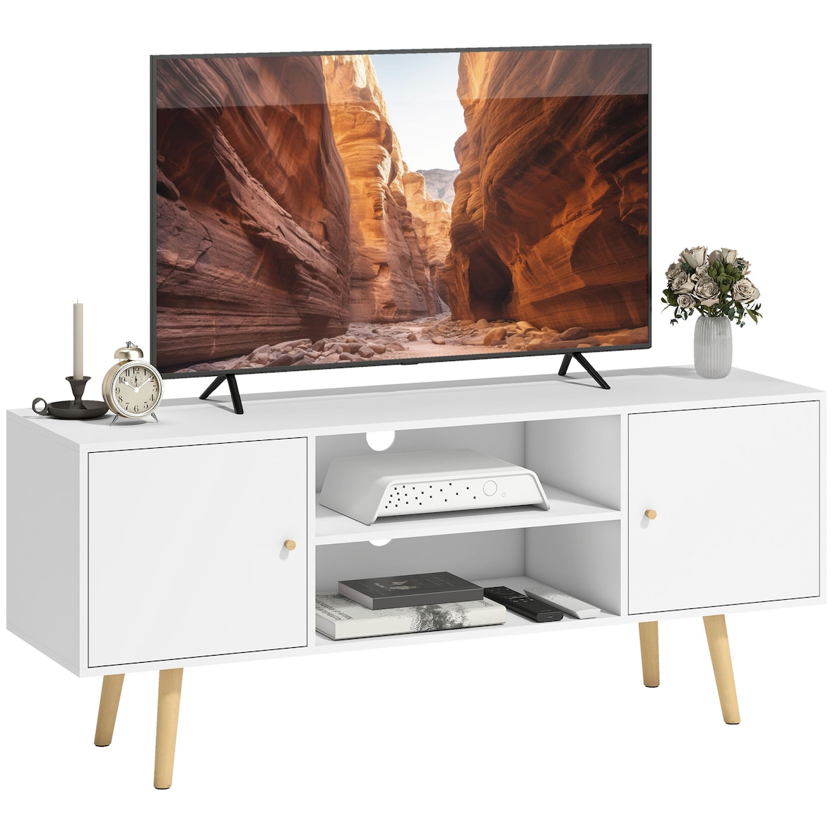 HOMCOM mueble de TV de salón mesa para TV con 2 puertas 2 estantes de almacenamiento para televisores de hasta 55 pulgadas para dormitorio 120x34x50cm