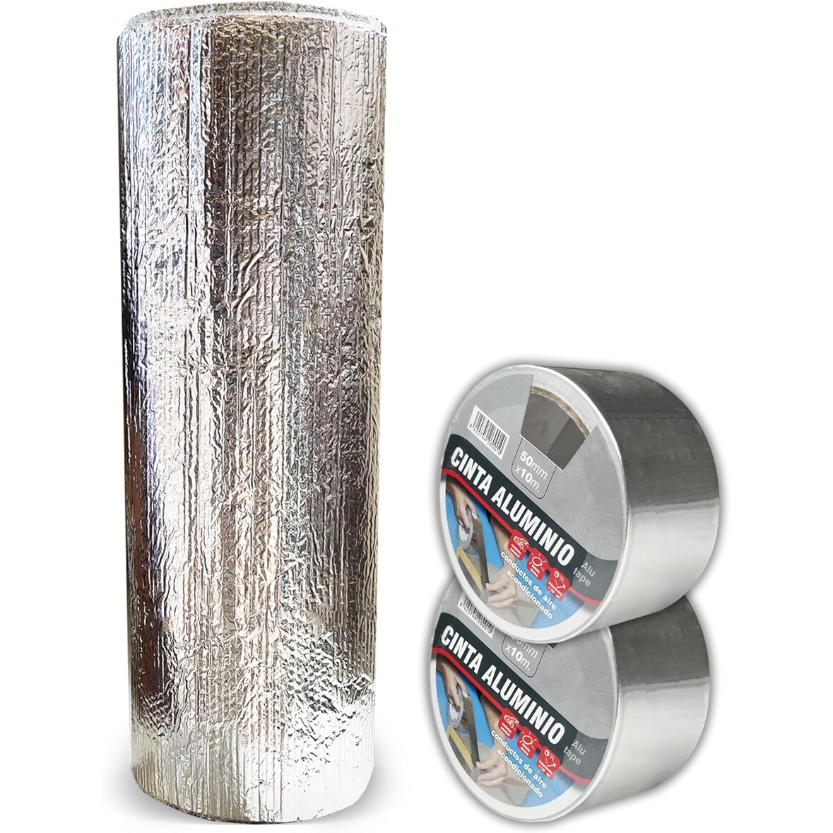 Aislante Térmico Reflexivo de Aluminio y Burbujas 1x15 m (15 m²) + 2 rollos Cinta de Aluminio 50 mm x 10 m - Frío y Calor